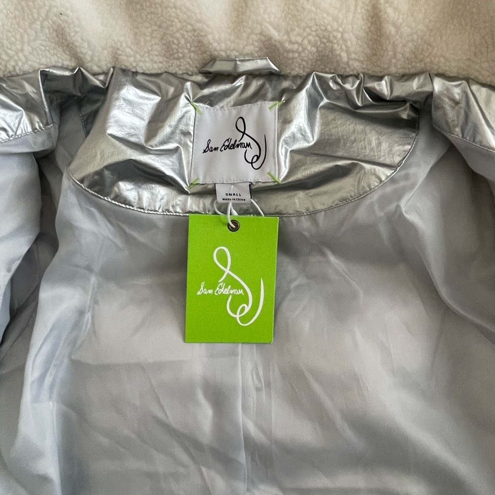 Sam Edelman METALLIC FLEECE TRIM HOODED PUFF COAT IN SILVER NWT - Picture 11 of 14